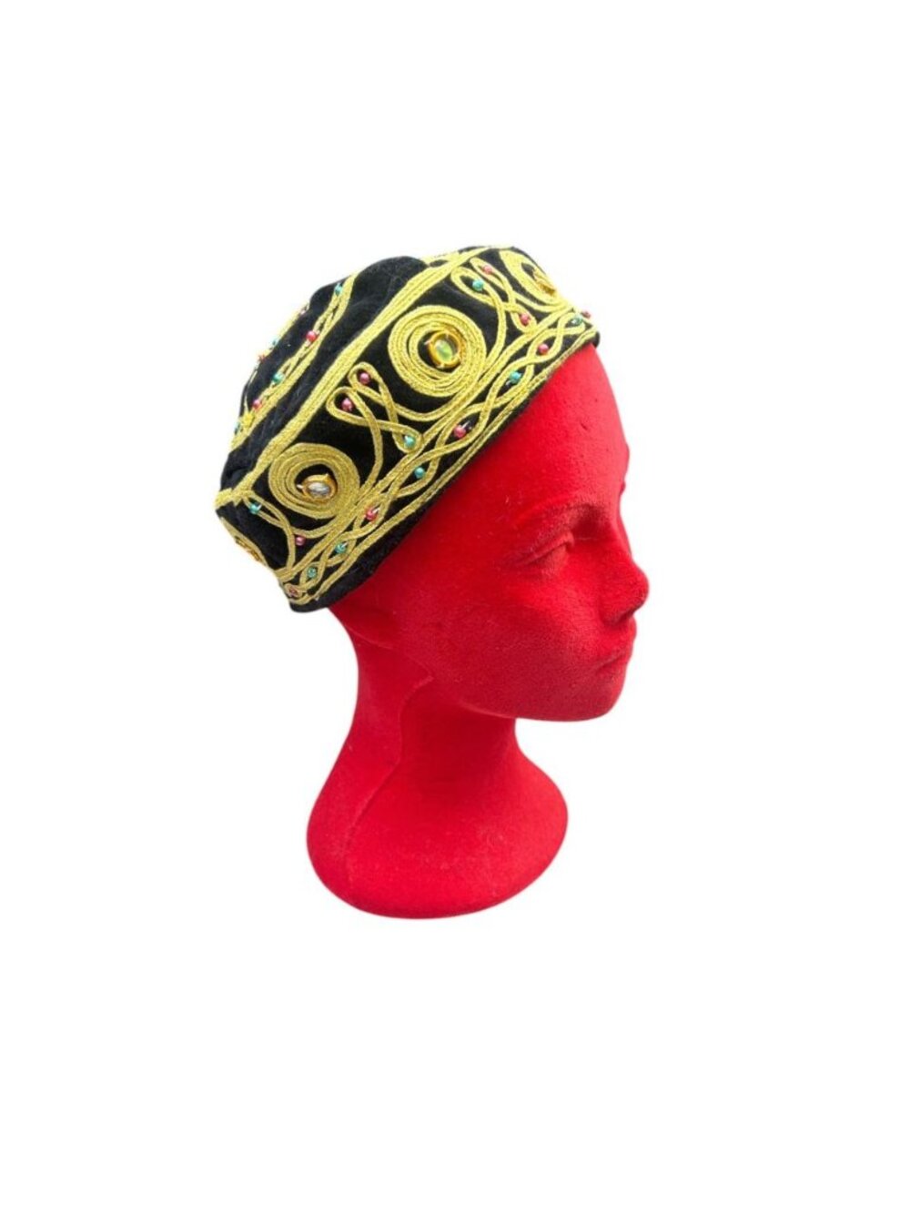 Turkish Black Velvet Kufi Topi Fez Beaded and Mirrored Gold Threading